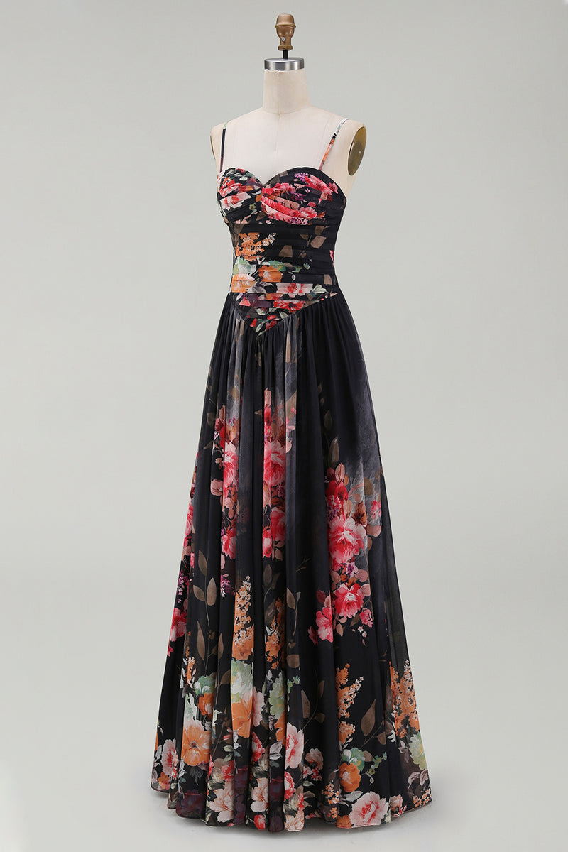 Load image into Gallery viewer, Spaghetti Straps A Line Floral Maxi Black Formal Dress