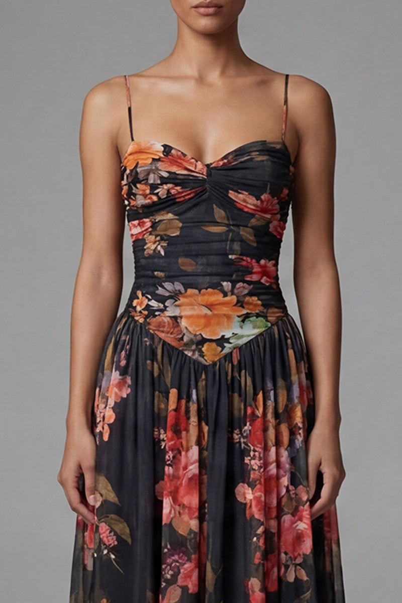 Load image into Gallery viewer, Spaghetti Straps A Line Floral Maxi Black Formal Dress
