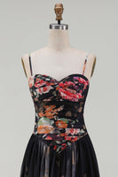 Load image into Gallery viewer, Spaghetti Straps A Line Floral Maxi Black Formal Dress