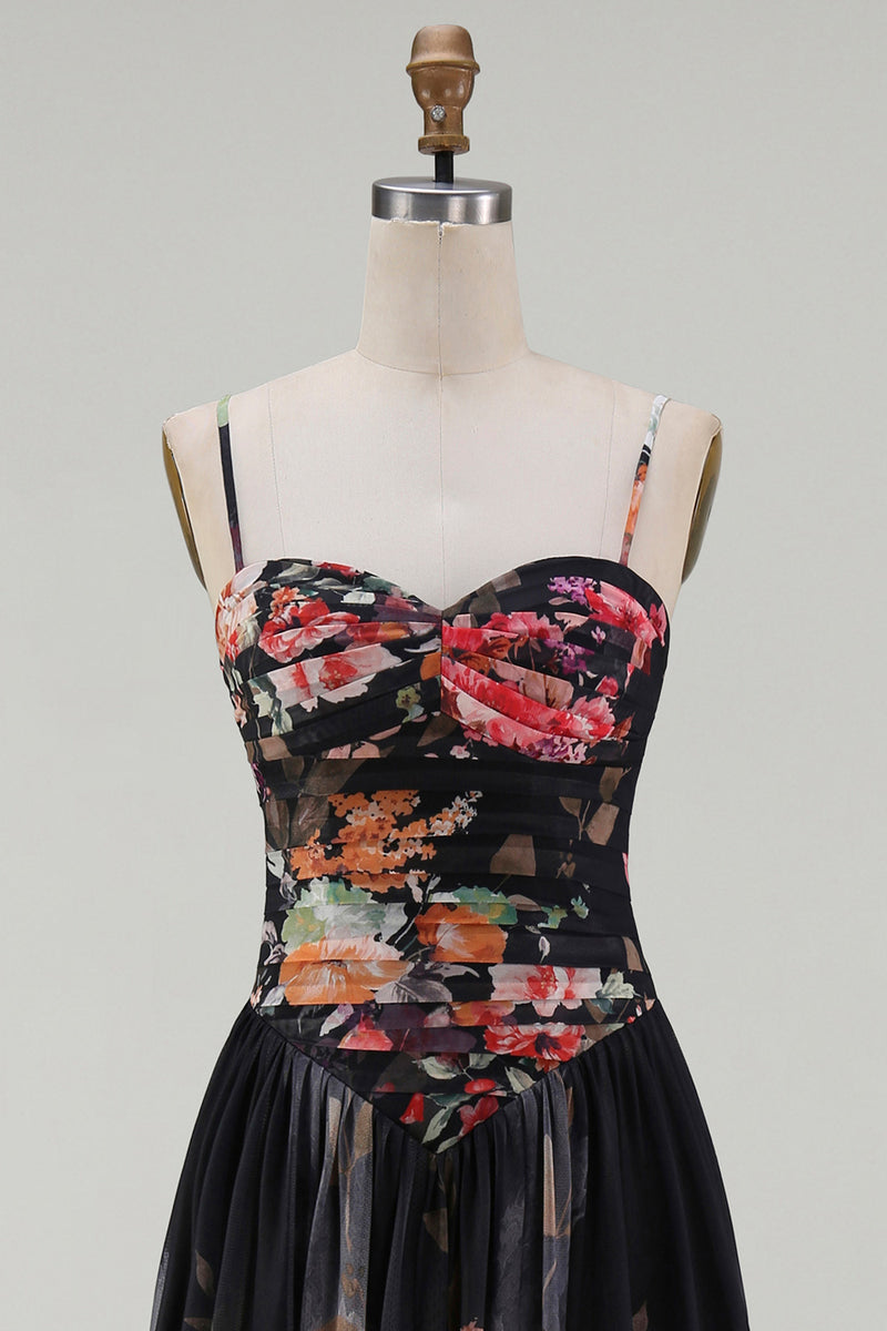 Load image into Gallery viewer, Spaghetti Straps A Line Floral Maxi Black Formal Dress