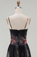Load image into Gallery viewer, Spaghetti Straps A Line Floral Maxi Black Formal Dress