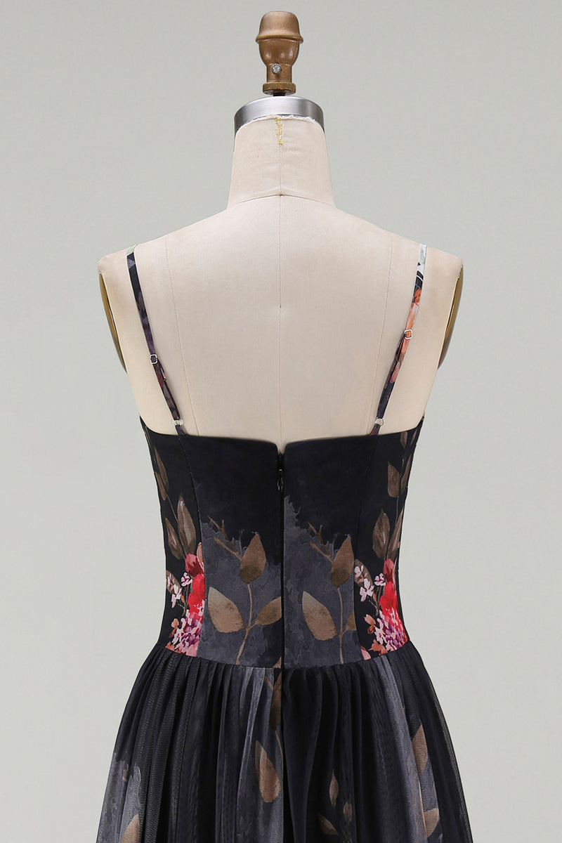 Load image into Gallery viewer, Spaghetti Straps A Line Floral Maxi Black Formal Dress