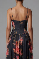 Load image into Gallery viewer, Spaghetti Straps A Line Floral Maxi Black Formal Dress