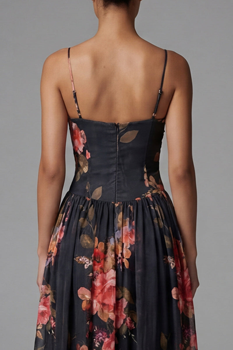 Load image into Gallery viewer, Spaghetti Straps A Line Floral Maxi Black Formal Dress
