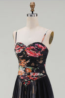 Load image into Gallery viewer, Spaghetti Straps A Line Floral Maxi Black Formal Dress