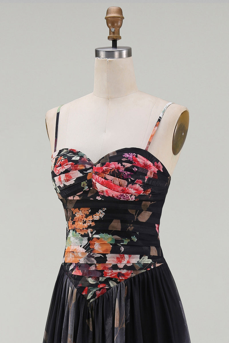 Load image into Gallery viewer, Spaghetti Straps A Line Floral Maxi Black Formal Dress