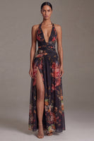 Load image into Gallery viewer, Black Floral A Line Halter Maxi Formal Dress with Slit