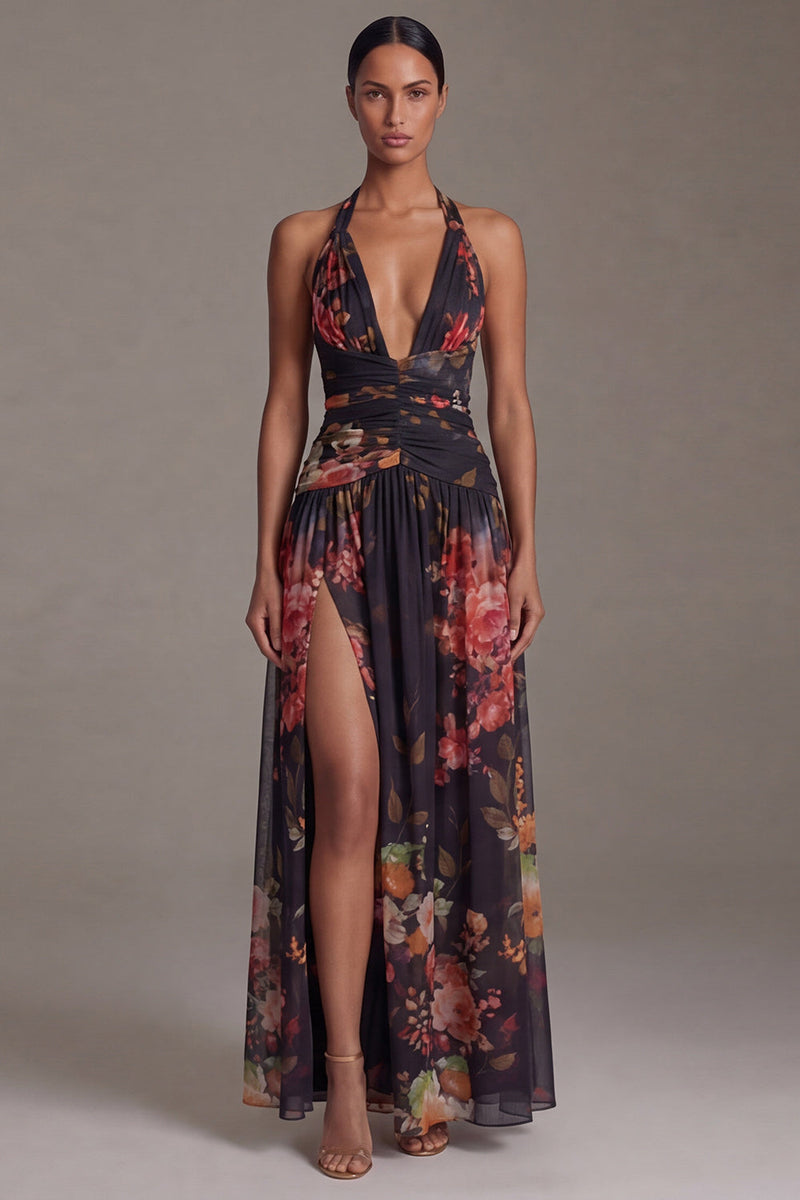 Load image into Gallery viewer, Black Floral A Line Halter Maxi Formal Dress with Slit
