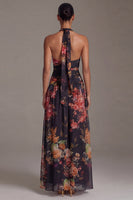 Load image into Gallery viewer, Black Floral A Line Halter Maxi Formal Dress with Slit