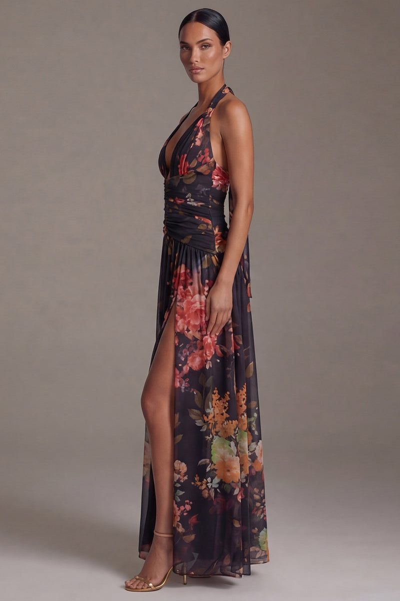 Load image into Gallery viewer, Black Floral A Line Halter Maxi Formal Dress with Slit