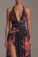 Load image into Gallery viewer, Black Floral A Line Halter Maxi Formal Dress with Slit