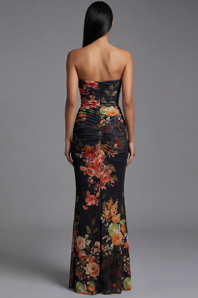 Load image into Gallery viewer, Black Floral Mermaid Strapless Maxi Formal Dress