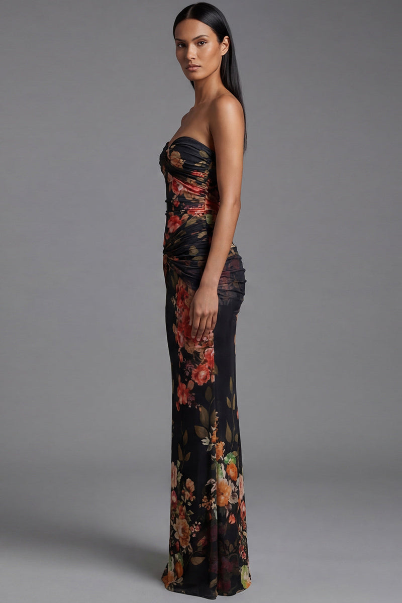 Load image into Gallery viewer, Black Floral Mermaid Strapless Maxi Formal Dress