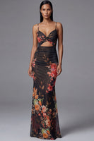 Load image into Gallery viewer, Black Spaghetti Straps Floral Mermaid Maxi Formal Dress