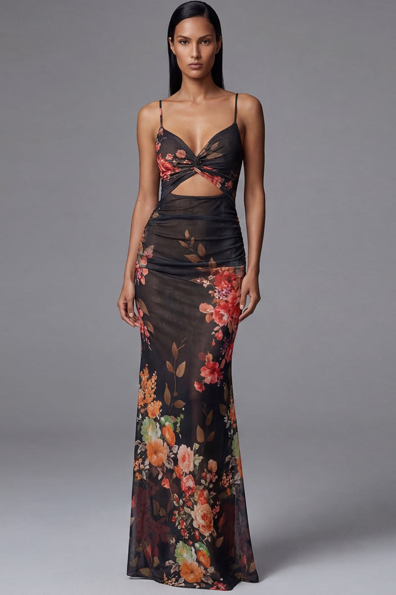 Load image into Gallery viewer, Black Spaghetti Straps Floral Mermaid Maxi Formal Dress