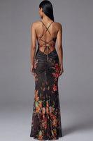 Load image into Gallery viewer, Black Spaghetti Straps Floral Mermaid Maxi Formal Dress