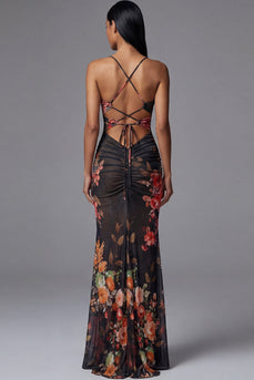 Black Spaghetti Straps Floral Mermaid Maxi Formal Dress