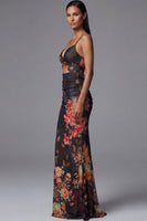 Load image into Gallery viewer, Black Spaghetti Straps Floral Mermaid Maxi Formal Dress