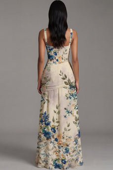 Ivory A Line Square Neck Draped Floral Maxi Formal Dress