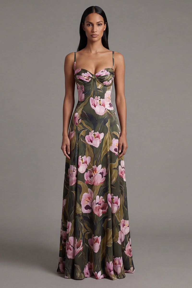 Load image into Gallery viewer, Olive Spaghetti Straps A Line Floral Maxi Formal Dress