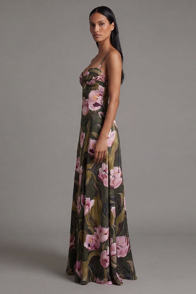 Load image into Gallery viewer, Olive Spaghetti Straps A Line Floral Maxi Formal Dress