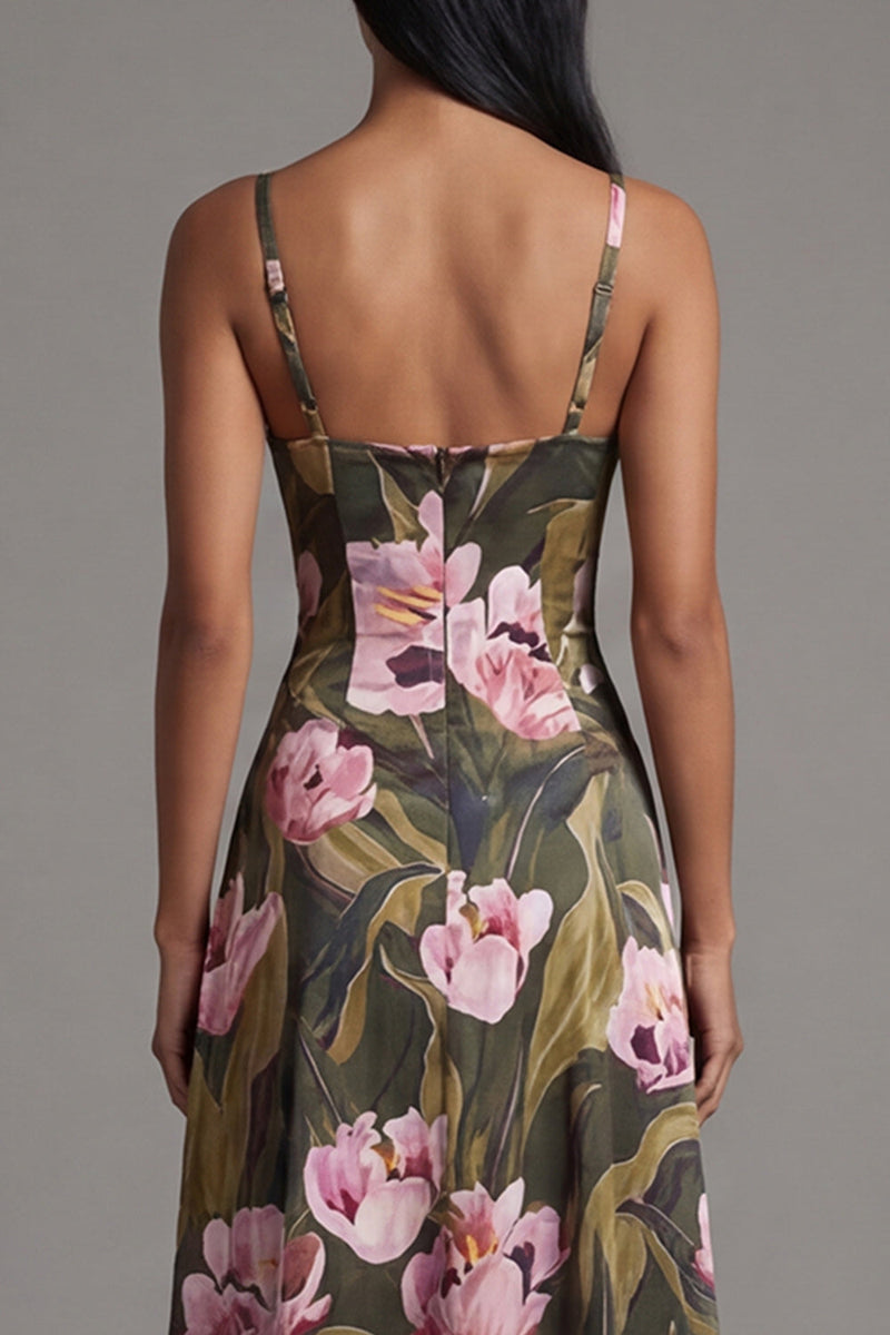 Load image into Gallery viewer, Olive Spaghetti Straps A Line Floral Maxi Formal Dress