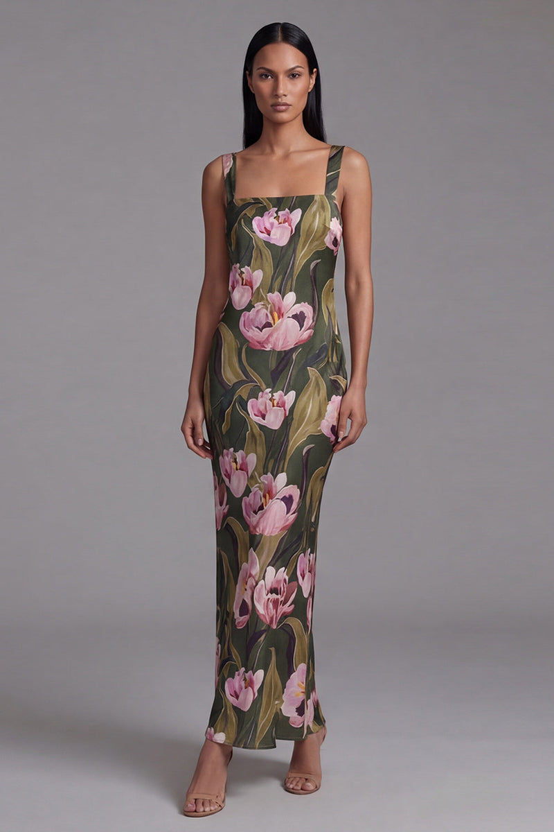 Load image into Gallery viewer, Olive Sheath Floral Maxi Square Neck Formal Dress