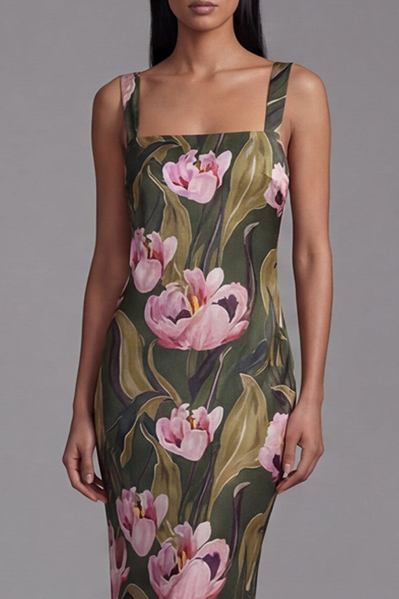 Load image into Gallery viewer, Olive Sheath Floral Maxi Square Neck Formal Dress