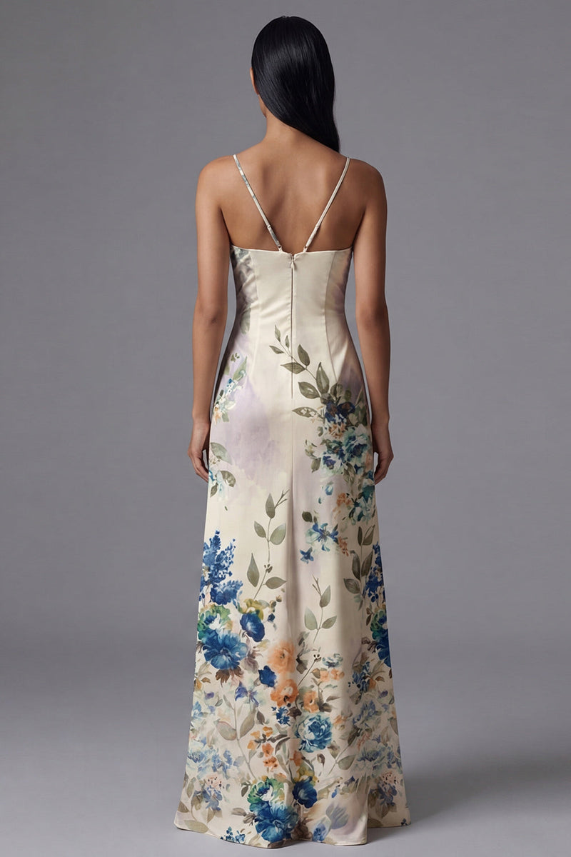 Load image into Gallery viewer, Ivory Floral Spaghetti Straps Maxi Sheath Formal Dress with Slit