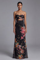 Load image into Gallery viewer, Black Maxi Mermaid Floral Strapless Formal Dress