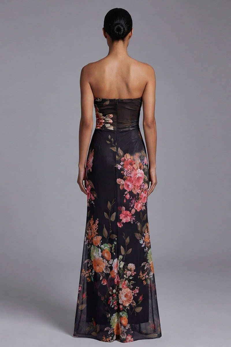 Load image into Gallery viewer, Black Maxi Mermaid Floral Strapless Formal Dress
