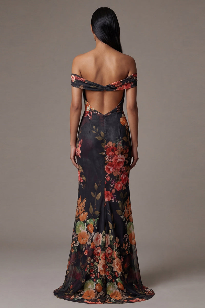 Load image into Gallery viewer, Black Mermaid Floral Maxi Formal Dress with Pleats