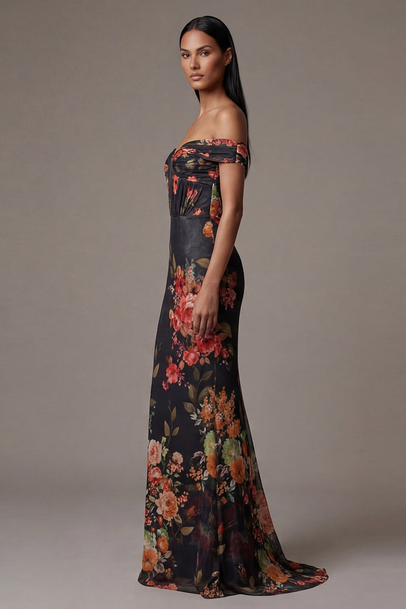 Load image into Gallery viewer, Black Mermaid Floral Maxi Formal Dress with Pleats