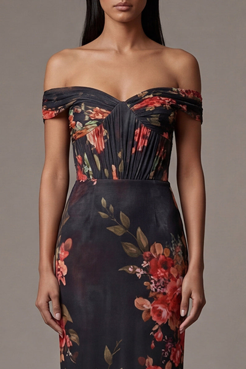 Load image into Gallery viewer, Black Mermaid Floral Maxi Formal Dress with Pleats