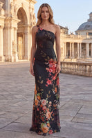 Load image into Gallery viewer, Black One Shoulder Mermaid Floral Maxi Formal Dress