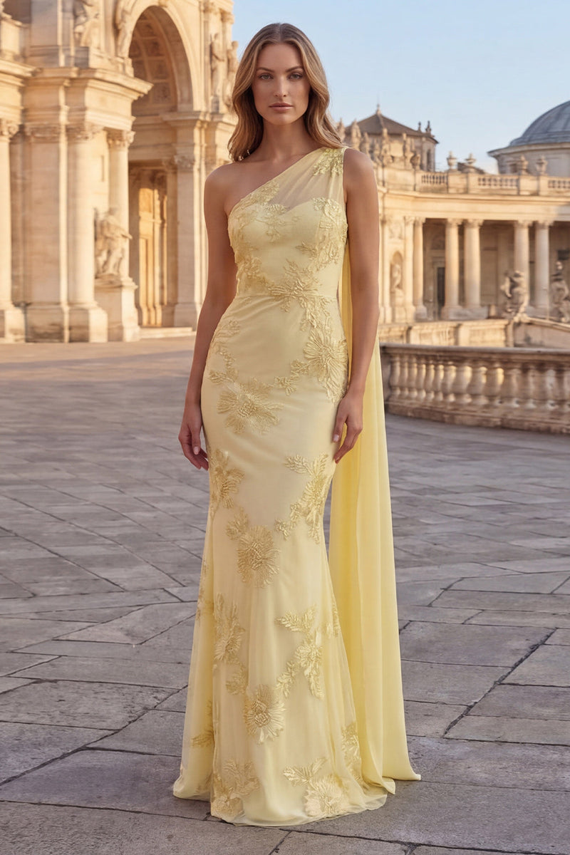 Load image into Gallery viewer, Yellow Appliqued Long Mermaid Formal Dress with Side Cape