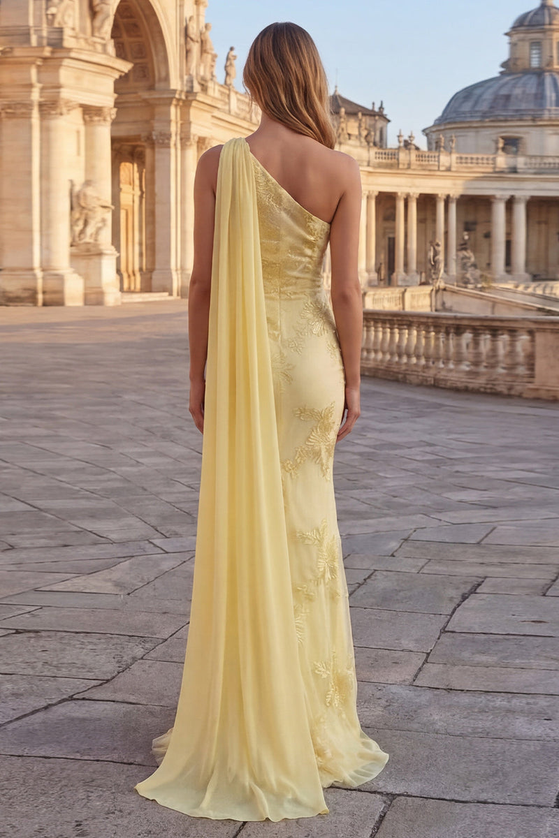 Load image into Gallery viewer, Yellow Appliqued Long Mermaid Formal Dress with Side Cape