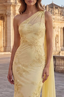 Load image into Gallery viewer, Yellow Appliqued Long Mermaid Formal Dress with Side Cape