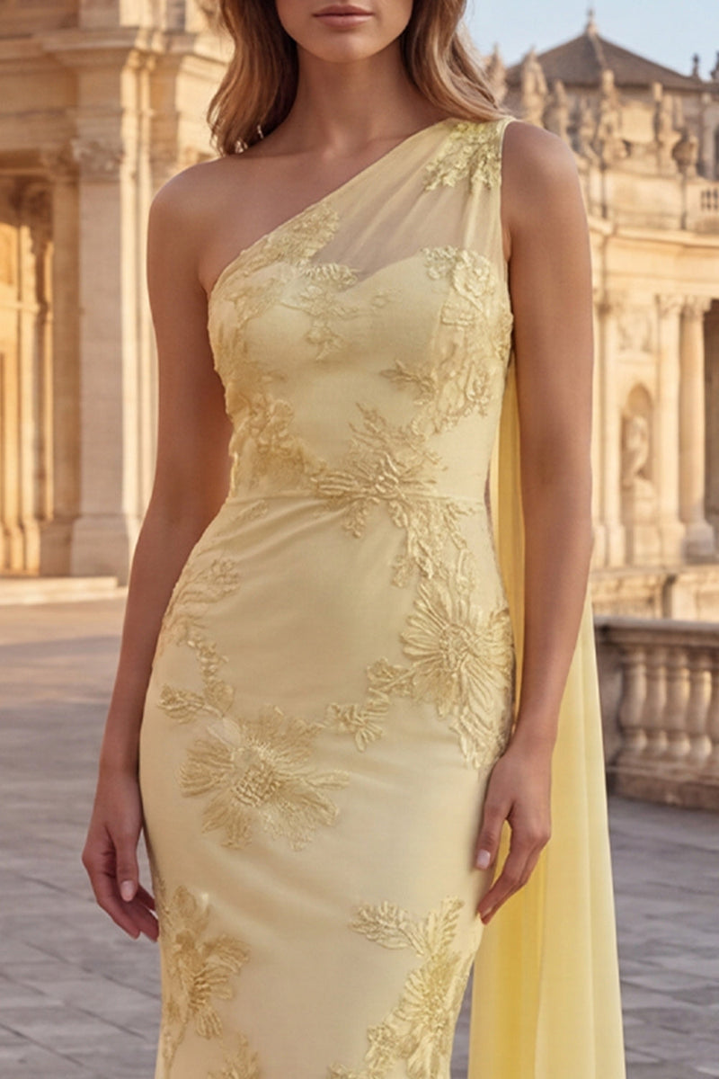 Load image into Gallery viewer, Yellow Appliqued Long Mermaid Formal Dress with Side Cape
