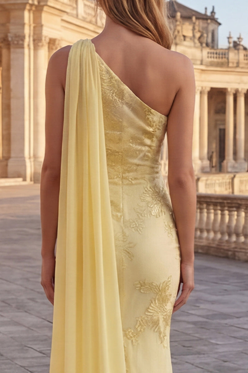 Load image into Gallery viewer, Yellow Appliqued Long Mermaid Formal Dress with Side Cape