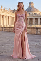 Load image into Gallery viewer, Pink Floral Sheath Ruched Long Corset Formal Dress with Side Cape