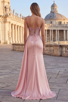 Pink Floral Sheath Ruched Long Corset Formal Dress with Side Cape