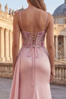 Load image into Gallery viewer, Pink Floral Sheath Ruched Long Corset Formal Dress with Side Cape