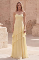 Load image into Gallery viewer, Yellow Spaghetti Straps Long A Line Formal Dress with Ruffles
