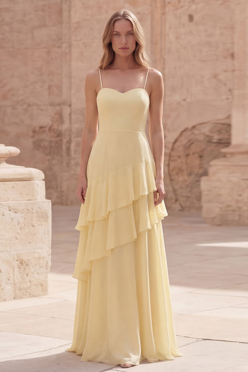 Load image into Gallery viewer, Yellow Spaghetti Straps Long A Line Formal Dress with Ruffles