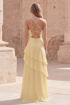 Yellow Spaghetti Straps Long A Line Formal Dress with Ruffles