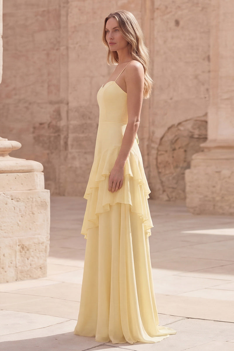 Load image into Gallery viewer, Yellow Spaghetti Straps Long A Line Formal Dress with Ruffles