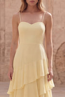 Load image into Gallery viewer, Yellow Spaghetti Straps Long A Line Formal Dress with Ruffles