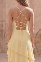 Load image into Gallery viewer, Yellow Spaghetti Straps Long A Line Formal Dress with Ruffles