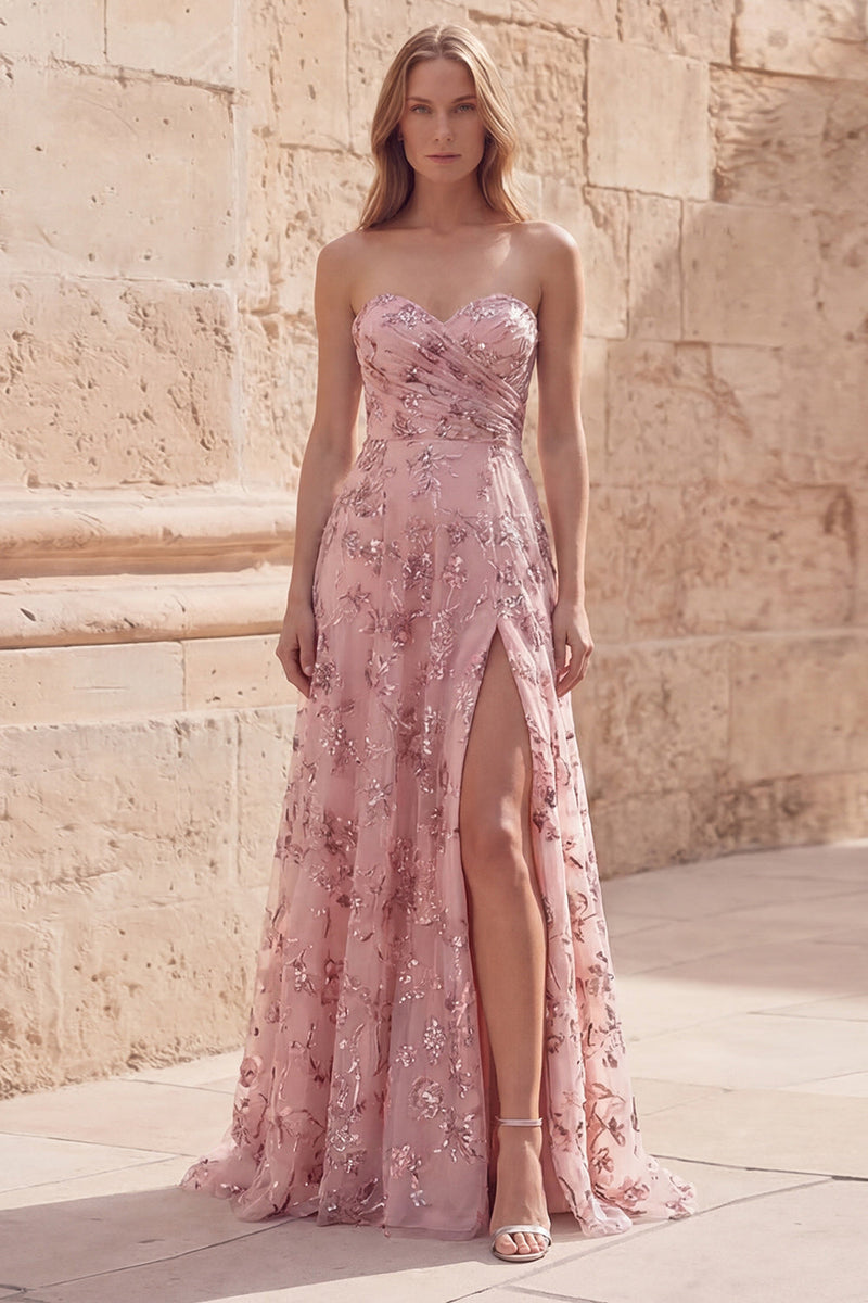 Load image into Gallery viewer, Blush Sequin A Line Long Strapless Formal Dress with Slit